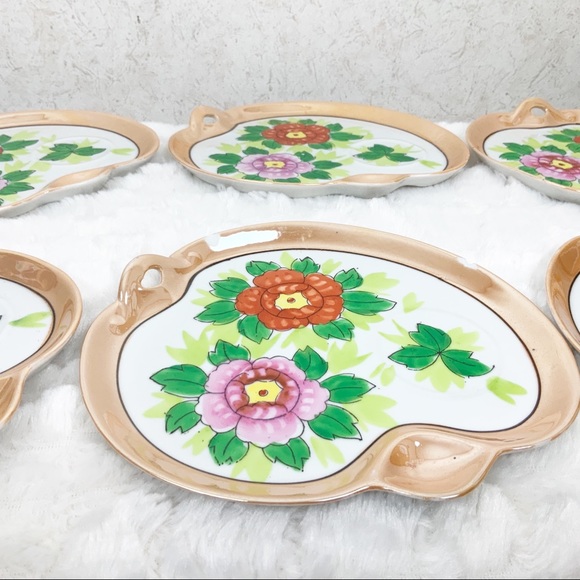 Vintage Seiei & Co Japan 6 floral lusterware snack plates - Picture 5 of 8